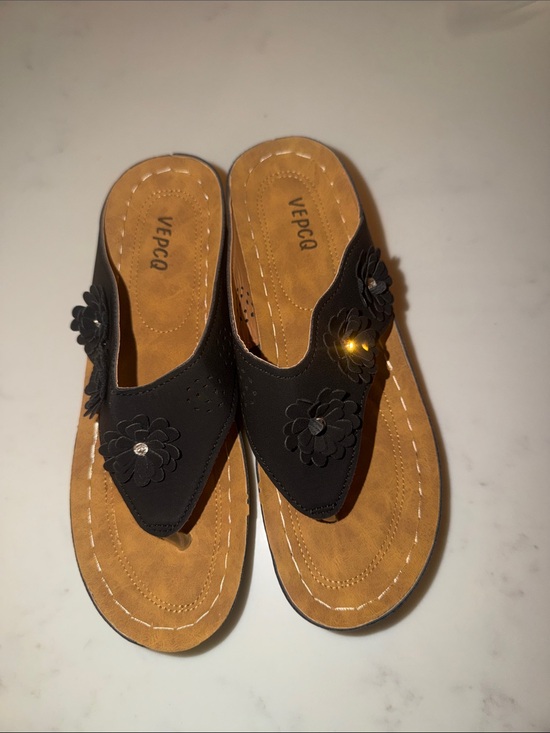 Shoes - Black Floral Slip-On Sandals for Women